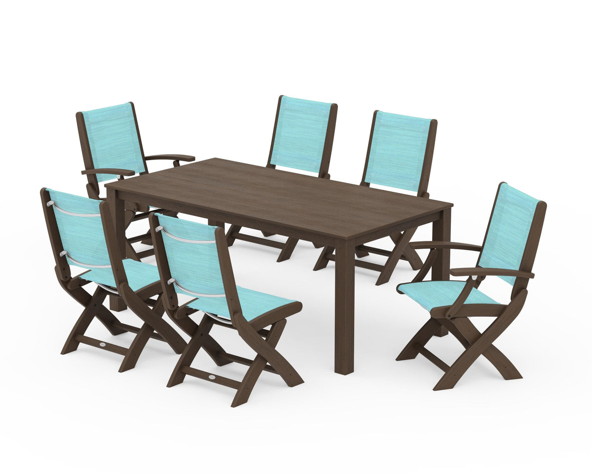 POLYWOOD Coastal Folding Chair 7-Piece Parsons Dining Set with Coastal Folding Side Chair in Kona / Dupioni Aquamarine
