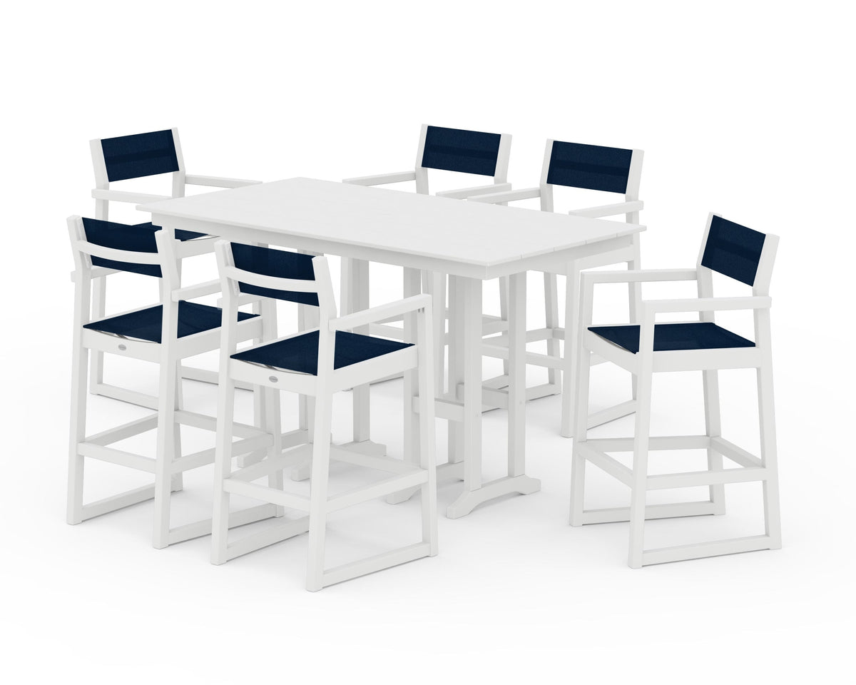 POLYWOOD EDGE Sling Arm Chair 7-Piece Farmhouse Bar Set in White / Navy Blue
