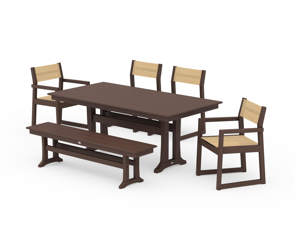 POLYWOOD EDGE Sling 6-Piece Farmhouse Dining Set With Trestle Legs in Mahogany / Dupioni Apricot
