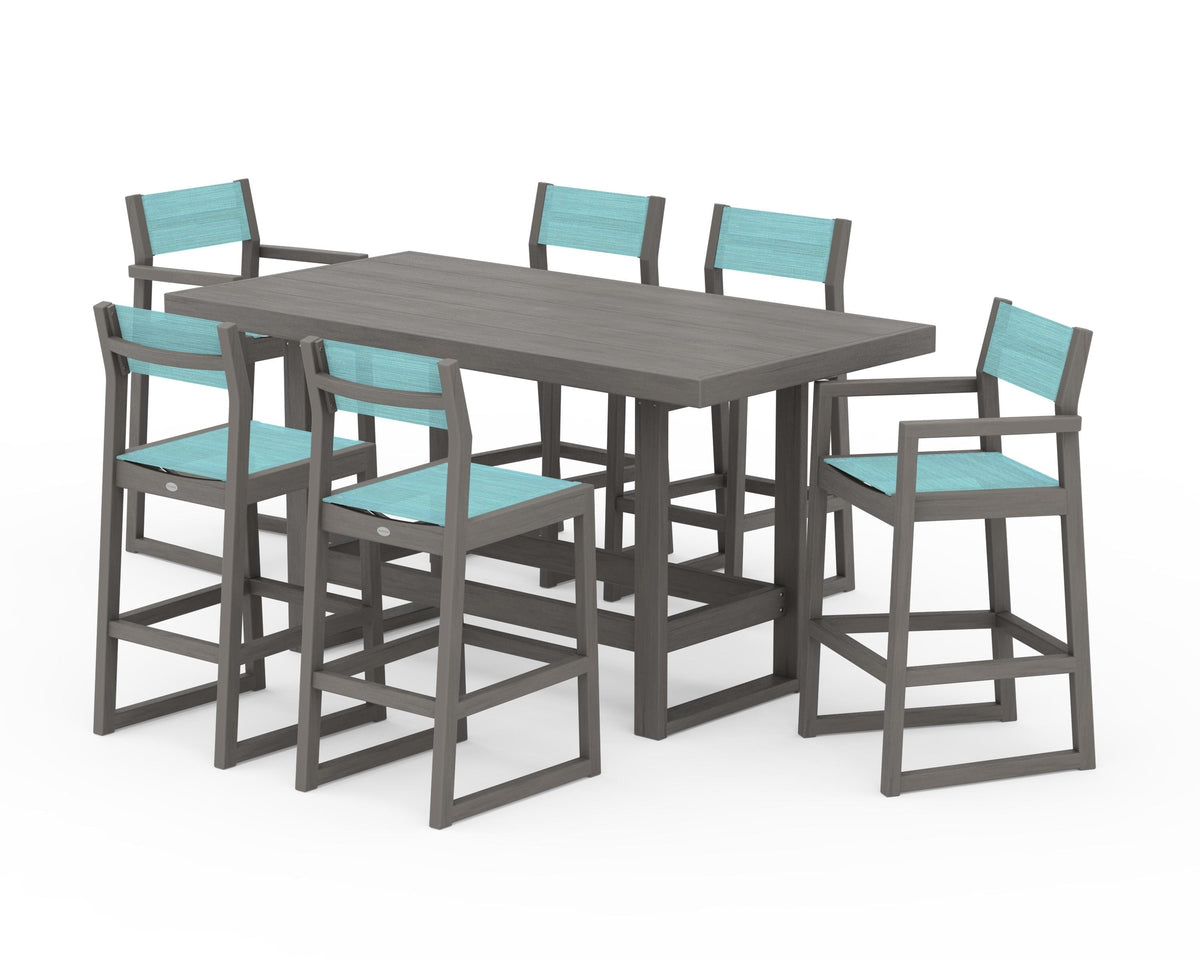 POLYWOOD EDGE Sling 7-Piece Bar Table Set in Driftwood / Dupioni Aquamarine