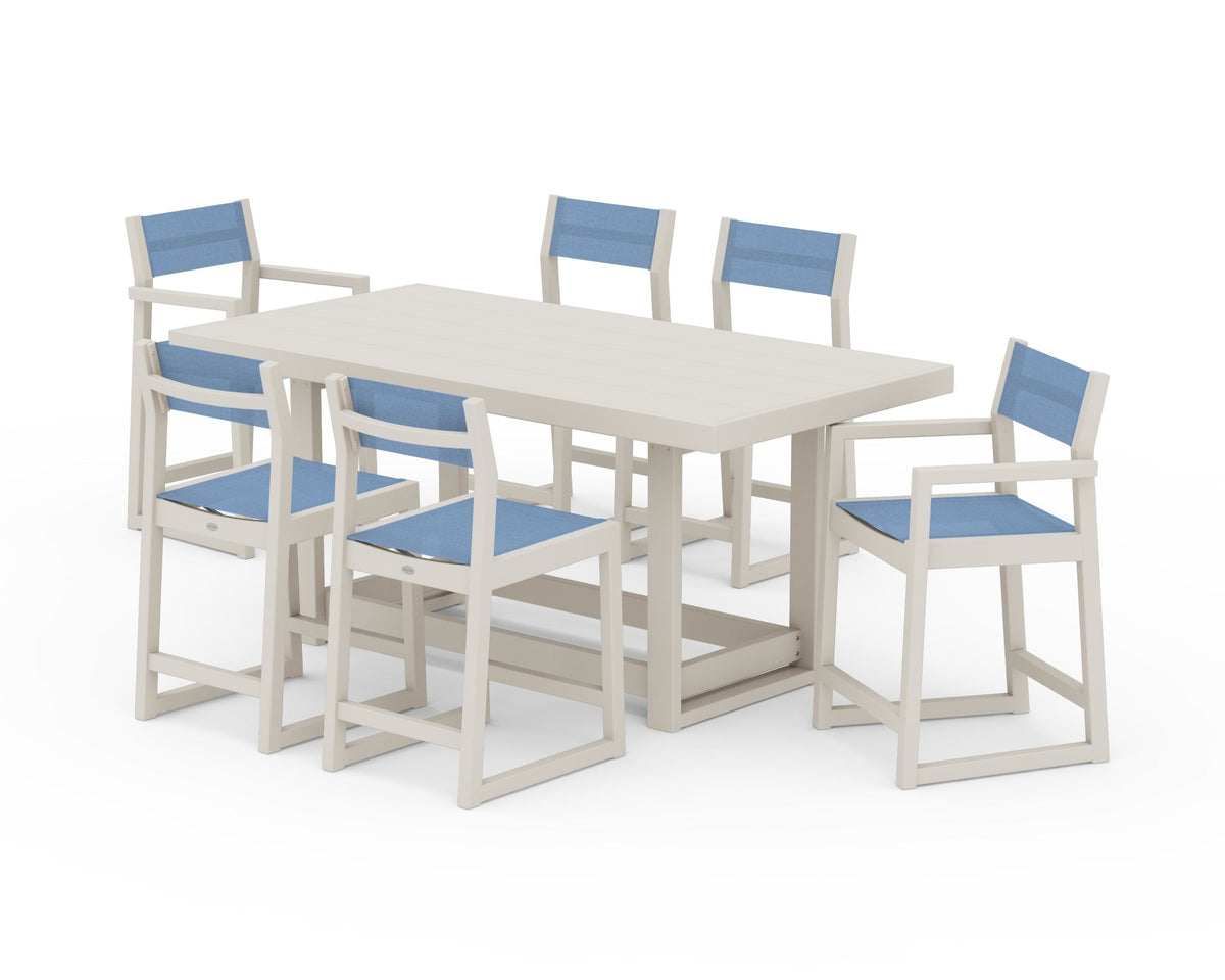 POLYWOOD EDGE Sling 7-Piece Counter Table Set in Sand / Poolside