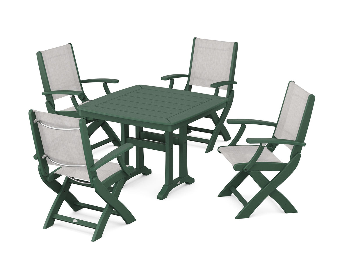 POLYWOOD Coastal Folding Chair 5-Piece Dining Set with Trestle Legs in Green / Parchment