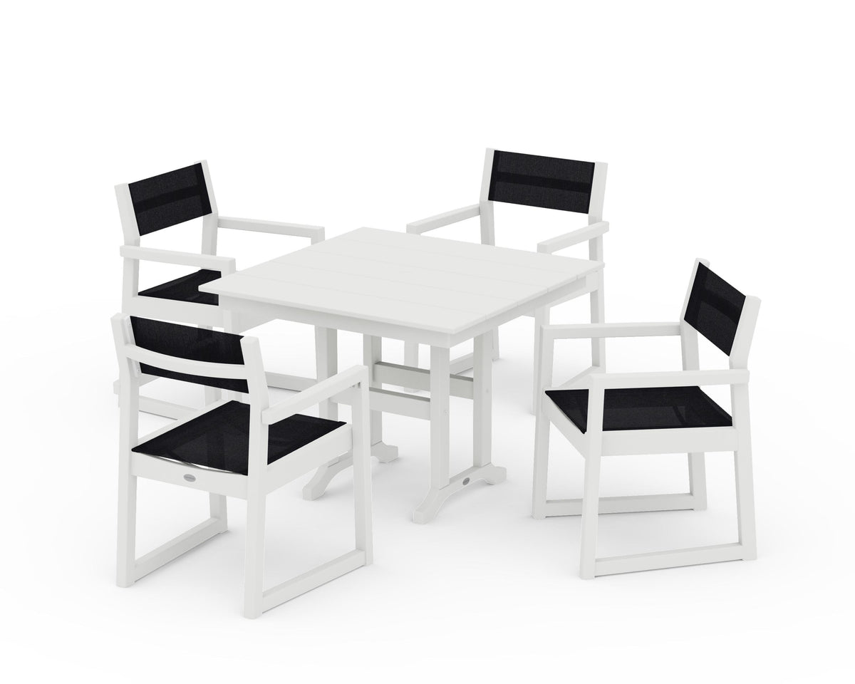POLYWOOD EDGE Sling Arm Chair 5-Piece Farmhouse Dining Set in Vintage White / Black