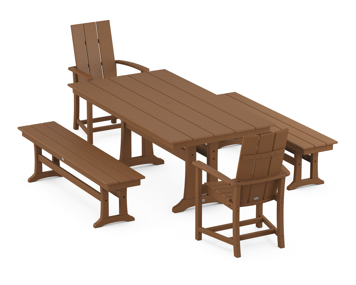 POLYWOOD Modern Adirondack 5-Piece Farmhouse Dining Set with Trestle Legs in Teak