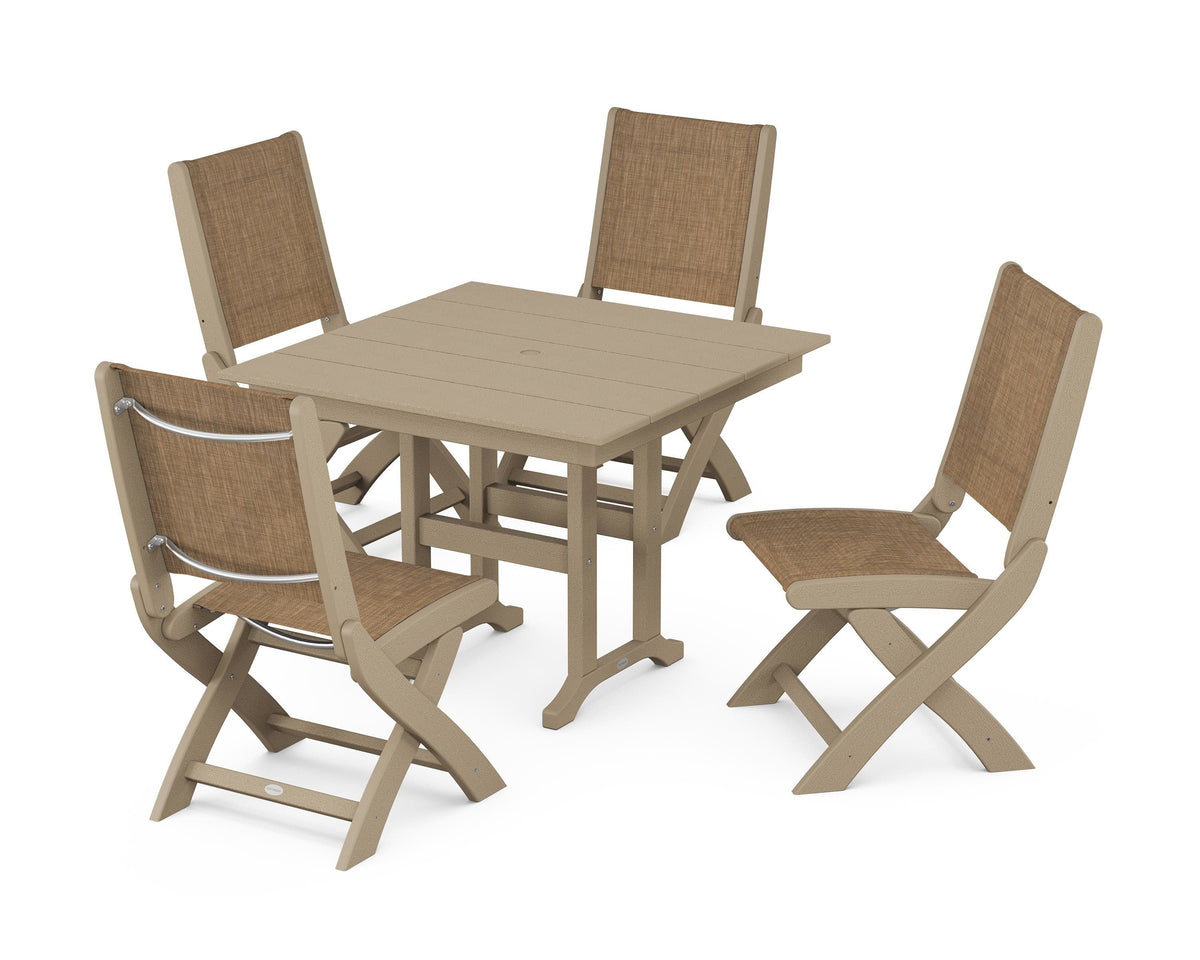 POLYWOOD Coastal Folding Side Chair 5-Piece Farmhouse Dining Set in Vintage Sahara / Burlap