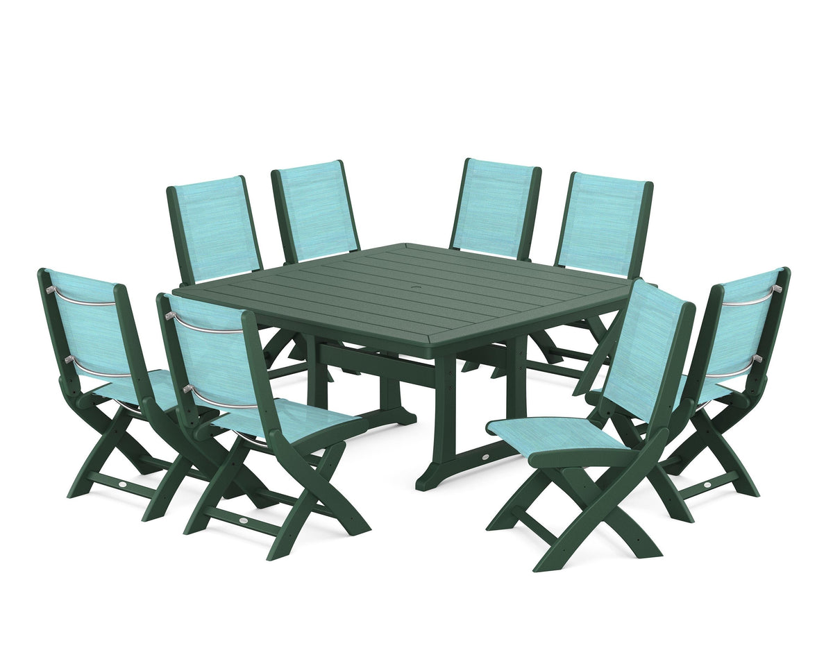 POLYWOOD Coastal Folding Side Chair 9-Piece Dining Set with Trestle Legs in Green / Dupioni Aquamarine