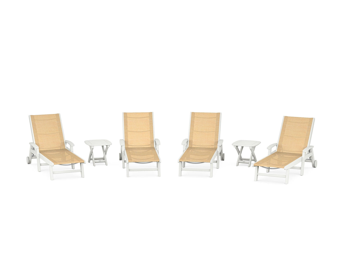 POLYWOOD Coastal Chaise 6-Piece Set with Wheels in Vintage White / Dupioni Apricot