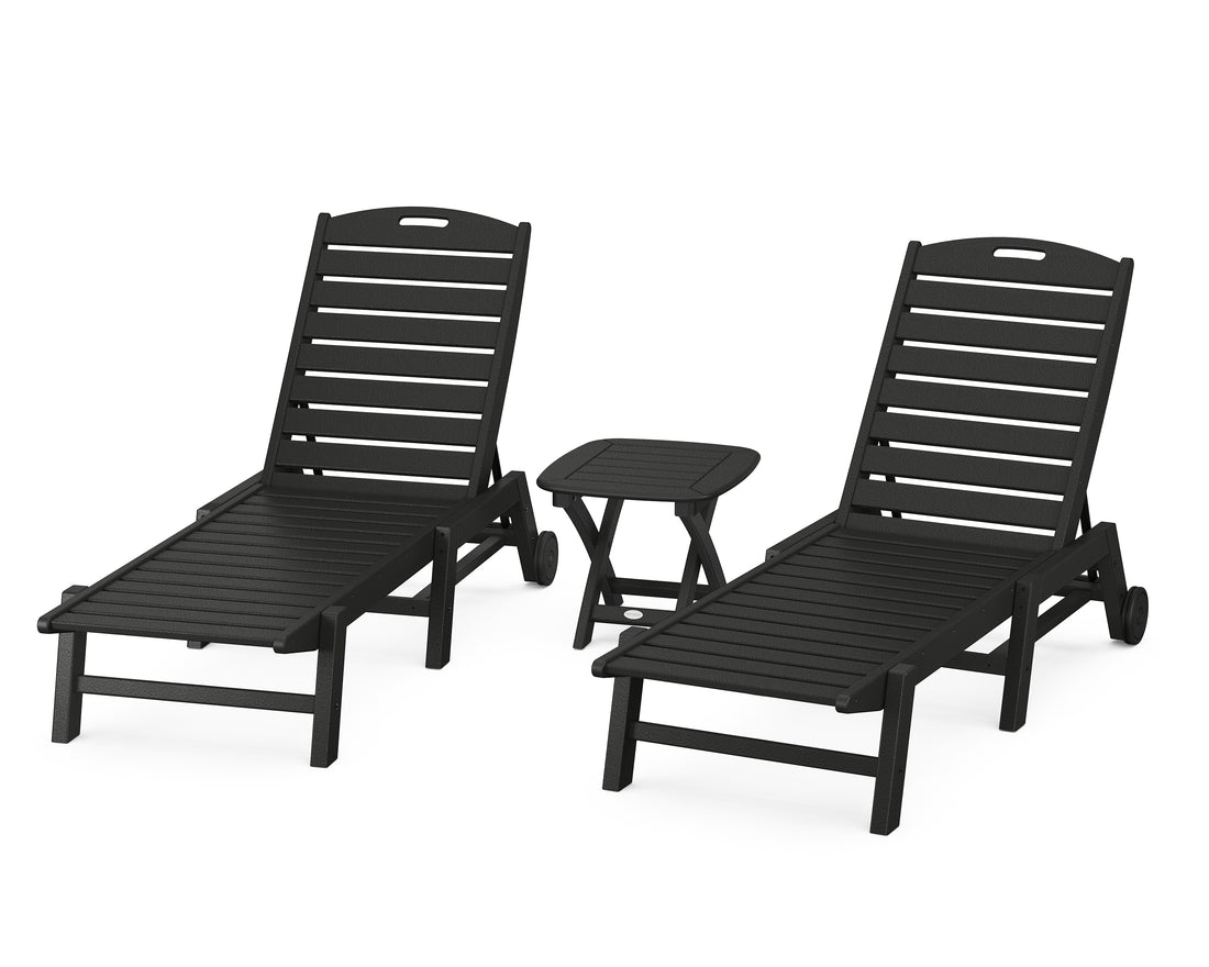 POLYWOOD Nautical 3-Piece Wheeled Chaise Set with Nautical Side Table in Black
