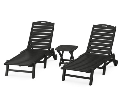 POLYWOOD Nautical 3-Piece Wheeled Chaise Set with Nautical Side Table in Black