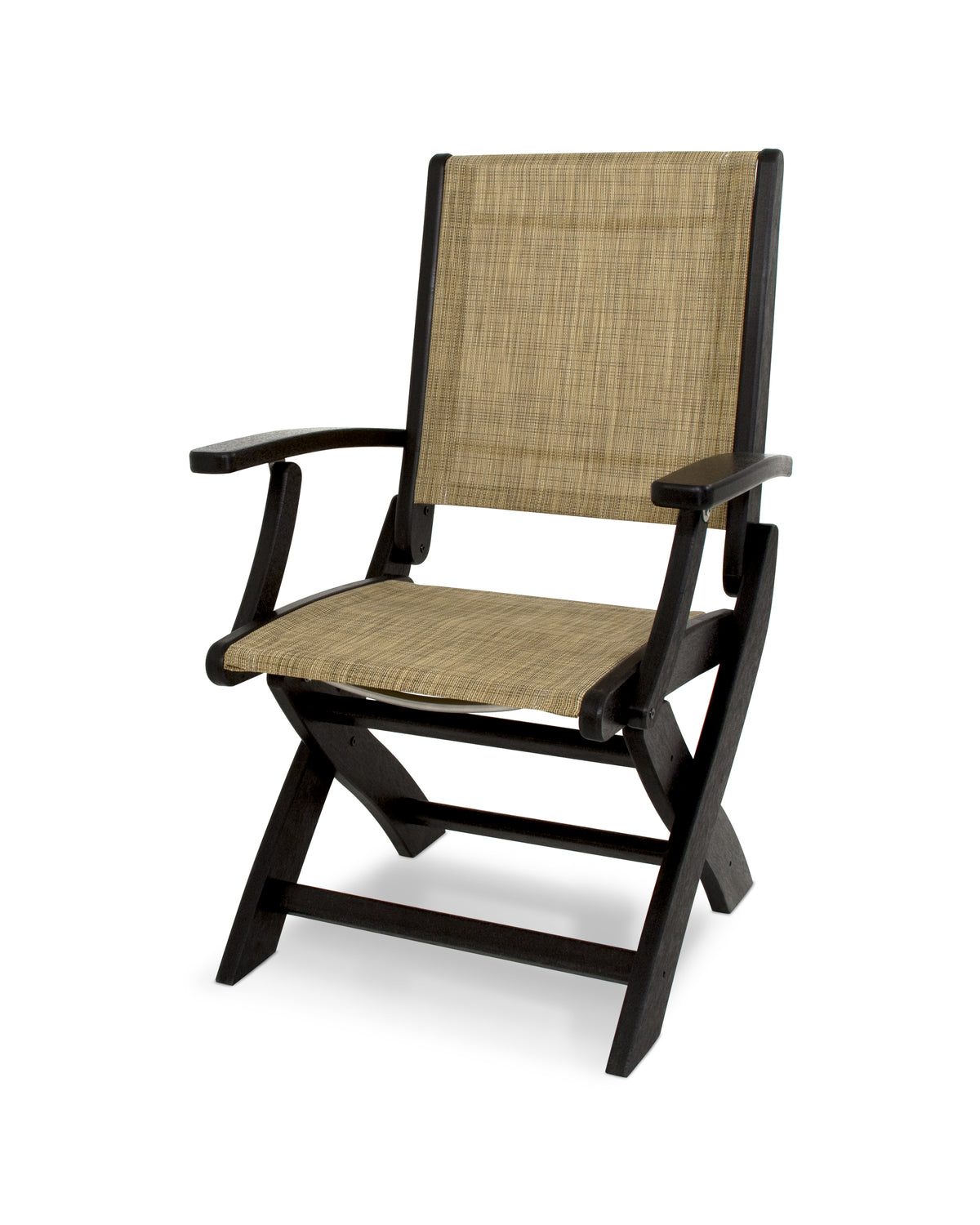 POLYWOOD Coastal Folding Chair in Black with Black arms and Burlap sling