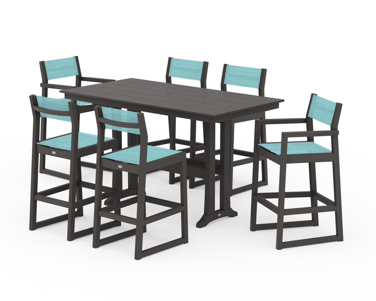 POLYWOOD EDGE Sling 7-Piece Farmhouse Bar Set with Trestle Legs in Vintage Coffee / Dupioni Aquamarine