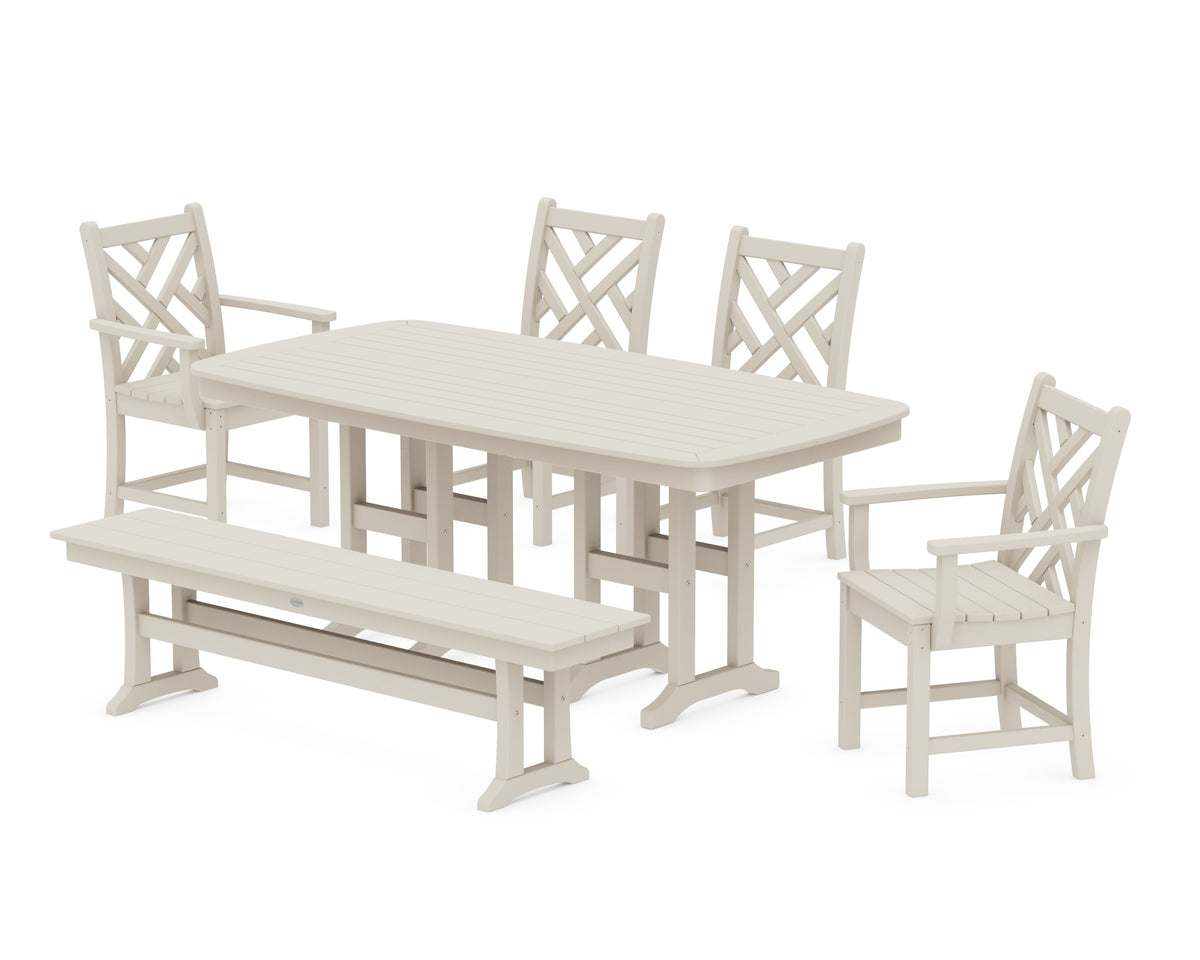 POLYWOOD Chippendale 6-Piece Dining Set with Bench - 37" x 72" Table in Sand
