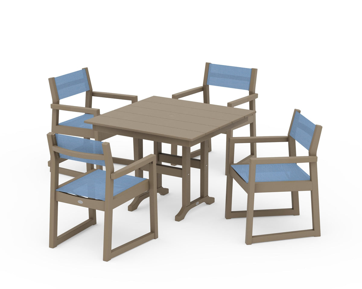 POLYWOOD EDGE Sling Arm Chair 5-Piece Farmhouse Dining Set in Vintage Sahara / Poolside