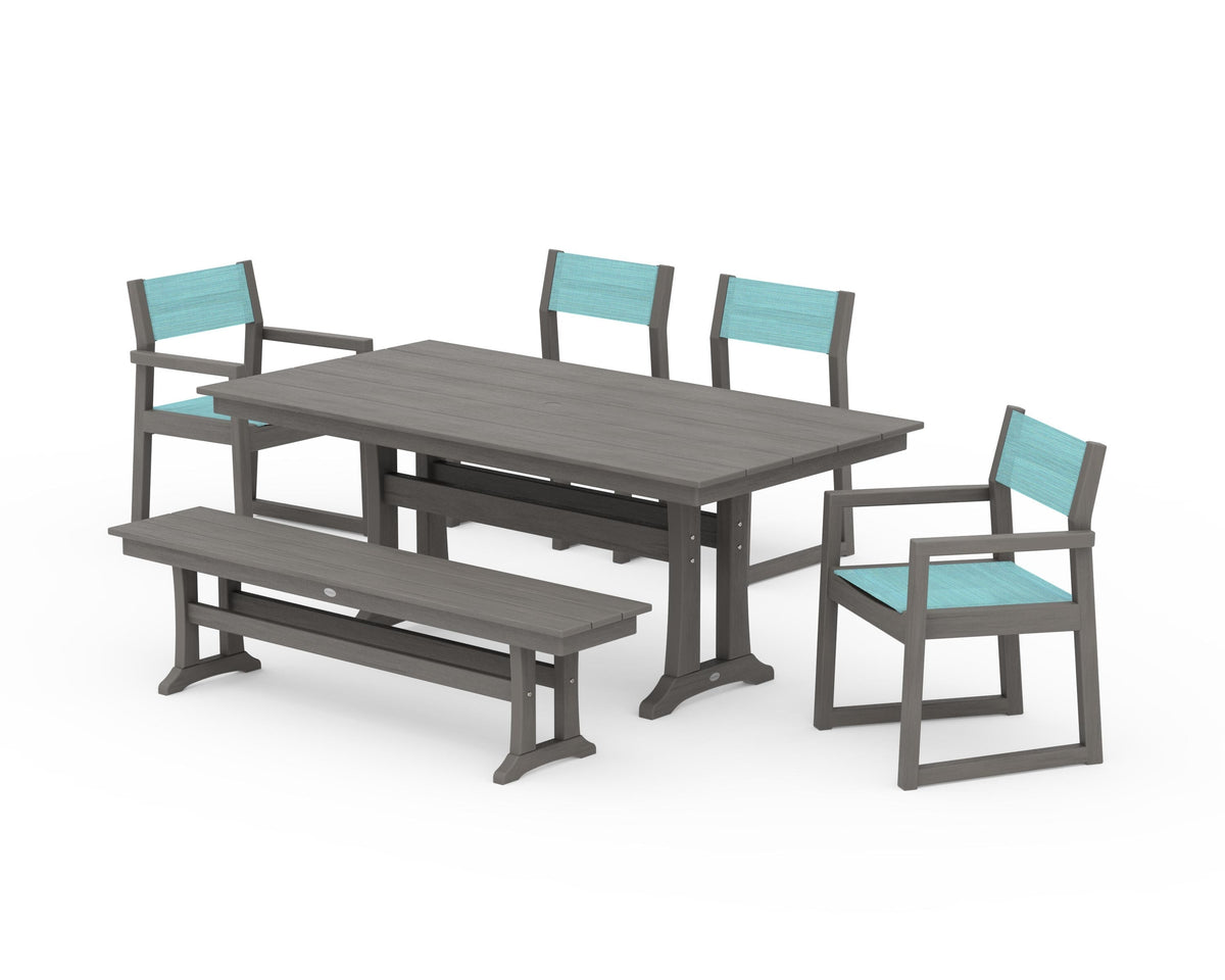 POLYWOOD EDGE Sling 6-Piece Farmhouse Dining Set With Trestle Legs in Driftwood / Dupioni Aquamarine