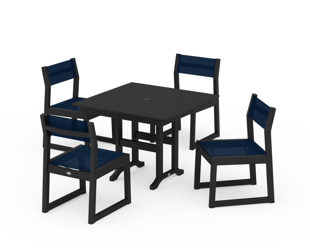 POLYWOOD EDGE Sling Side Chair 5-Piece Farmhouse Dining Set in Black / Navy Blue