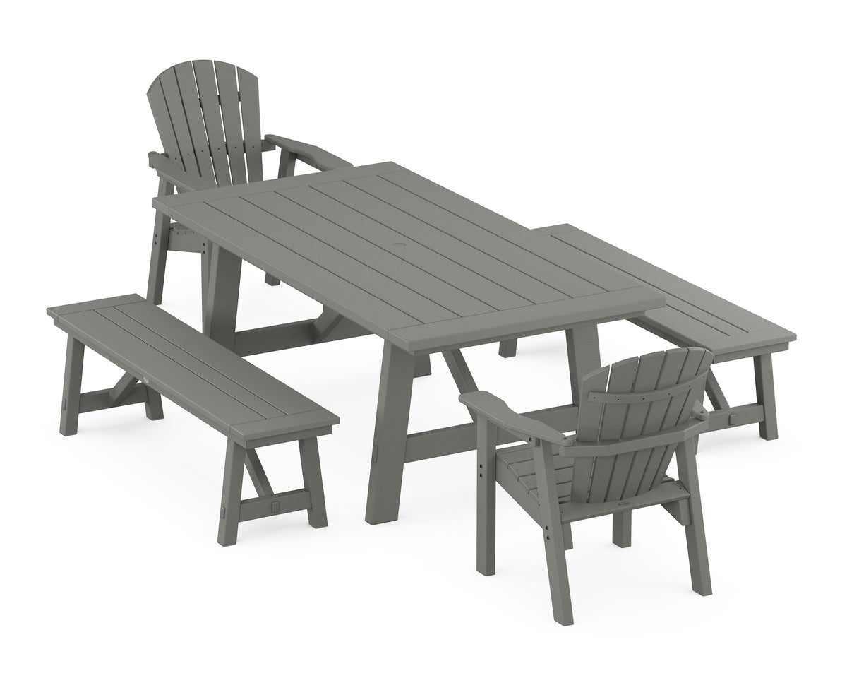 POLYWOOD Seashell 5-Piece Rustic Farmhouse Dining Set with Benches in Slate Grey