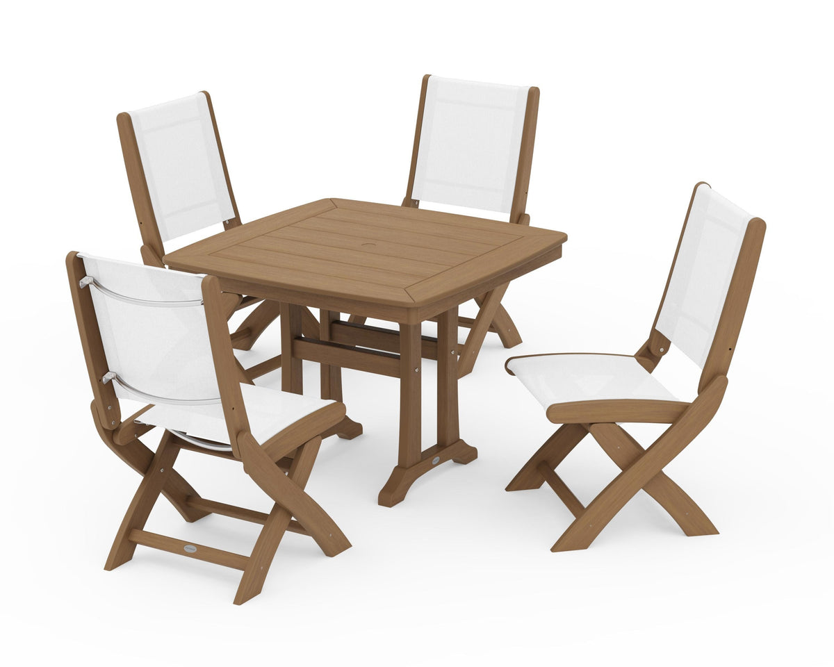 POLYWOOD Coastal Folding Side Chair 5-Piece Dining Set with Trestle Legs in Natural / White