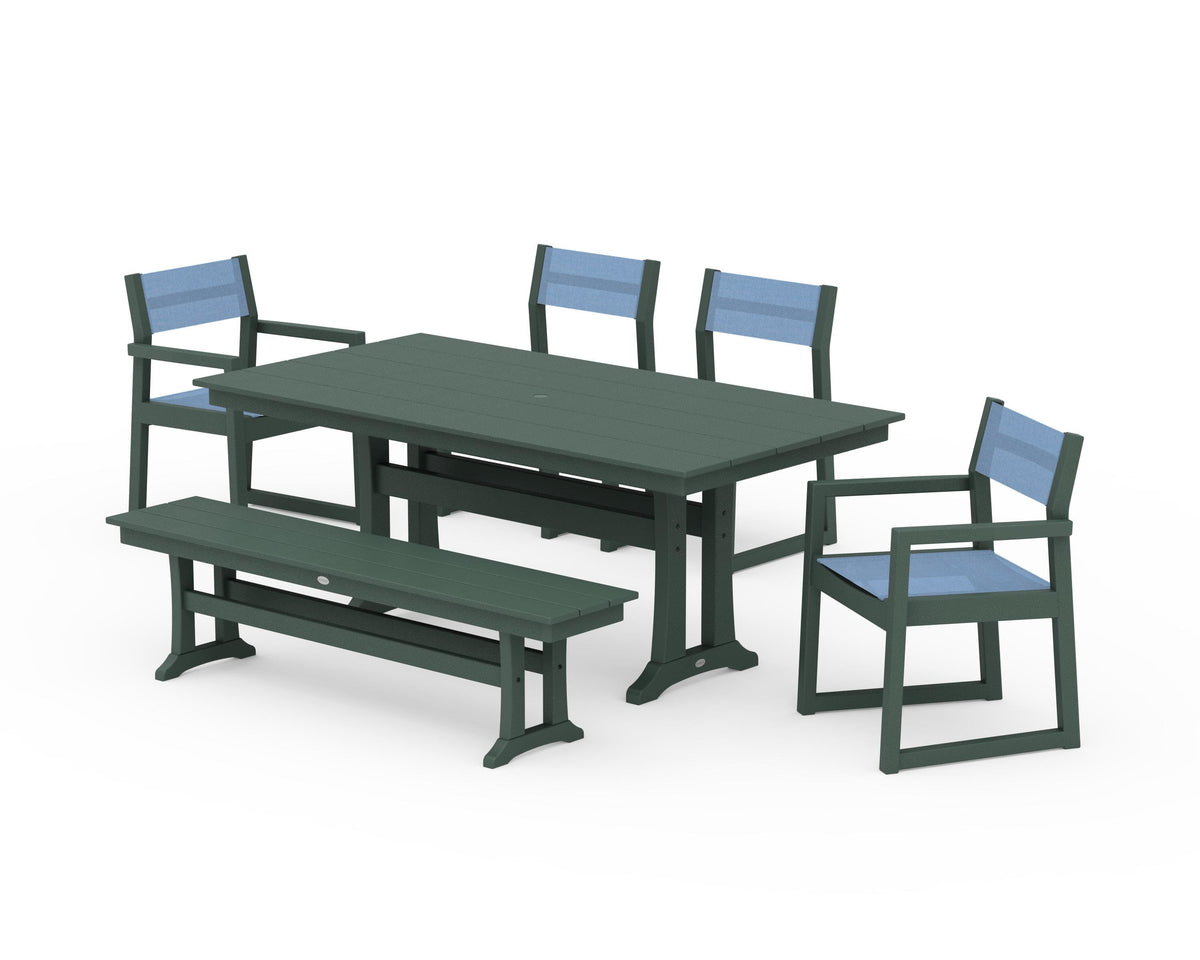 POLYWOOD EDGE Sling 6-Piece Farmhouse Dining Set With Trestle Legs in Green / Poolside