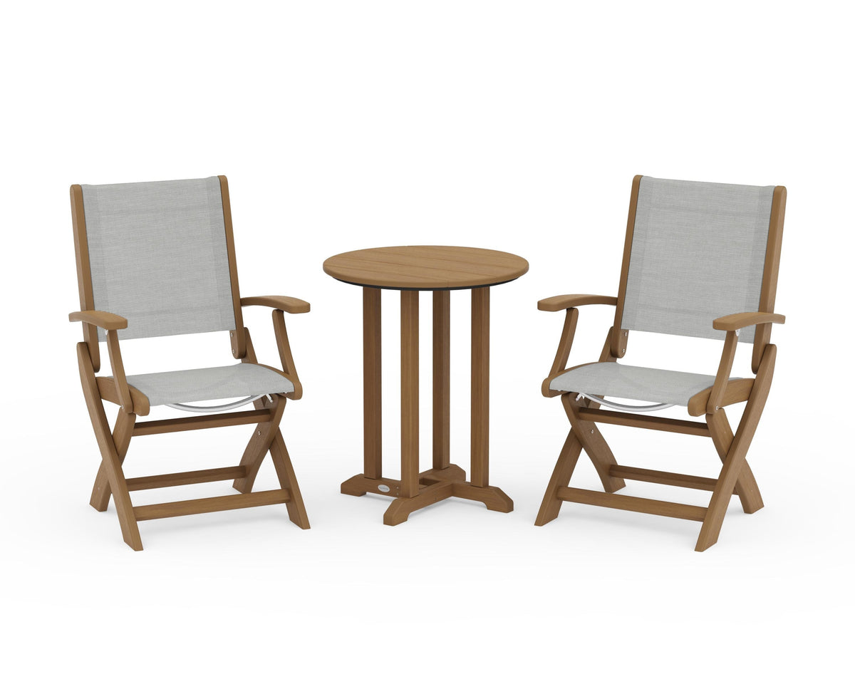POLYWOOD Coastal Folding 3-Piece Round Bistro Dining Set in Natural / Metallic