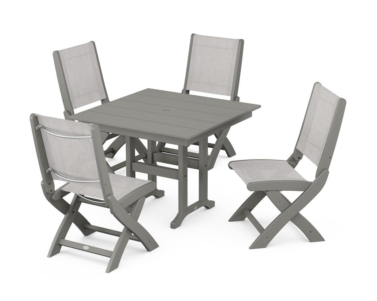 POLYWOOD Coastal Folding Side Chair 5-Piece Farmhouse Dining Set in Slate Grey / Parchment