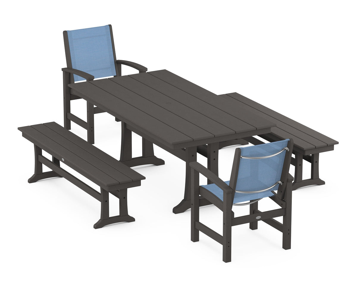 POLYWOOD Coastal 5-Piece Farmhouse Dining Set with Trestle Legs and Benches in Vintage Coffee / Poolside