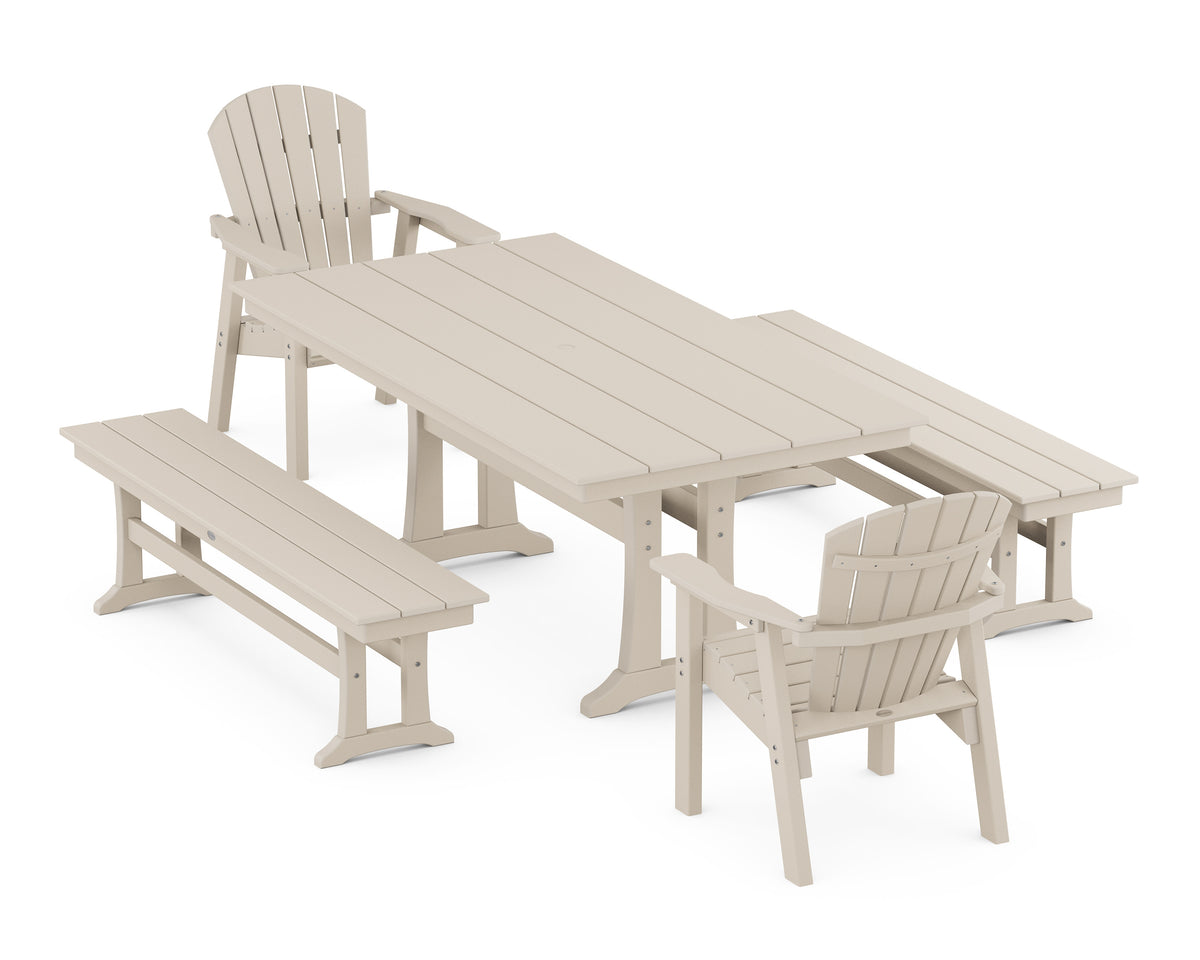 POLYWOOD Seashell 5-Piece Farmhouse Dining Set with Trestle Legs - 37" x 72" Table in Sand