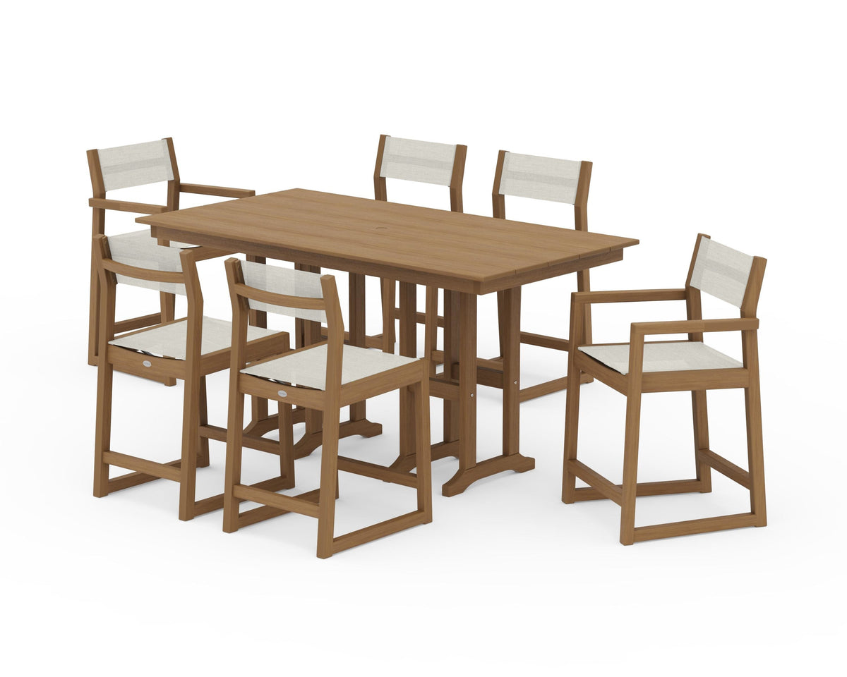POLYWOOD EDGE Sling 7-Piece Farmhouse Counter Set with Trestle Legs in Natural / Parchment