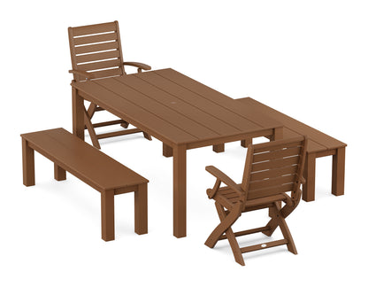 POLYWOOD Signature Folding Chair 5-Piece Parsons Dining Set with Benches in Teak