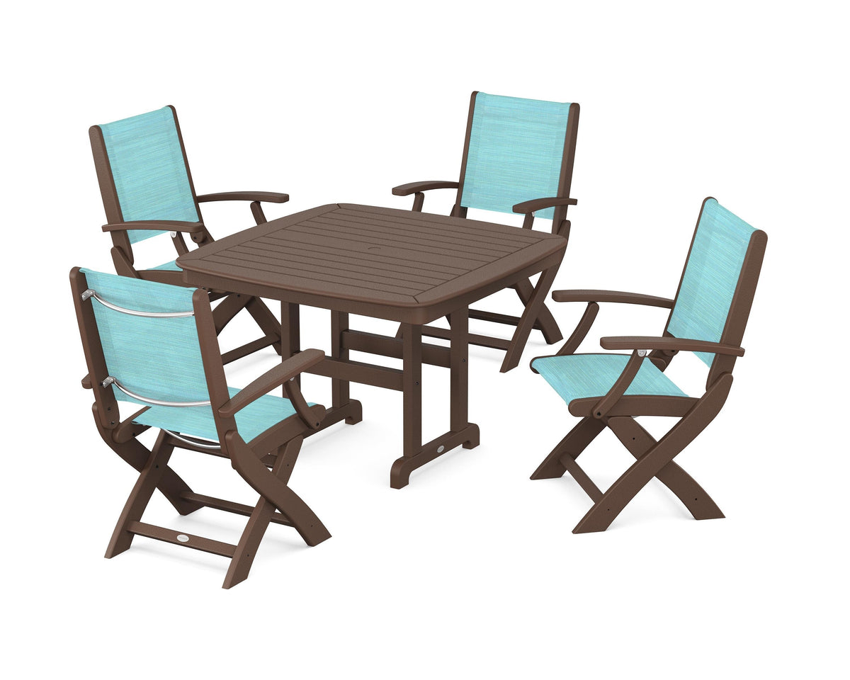 POLYWOOD Coastal Folding Chair 5-Piece Dining Set with Nautical 44" Dining Table in Mahogany / Dupioni Aquamarine