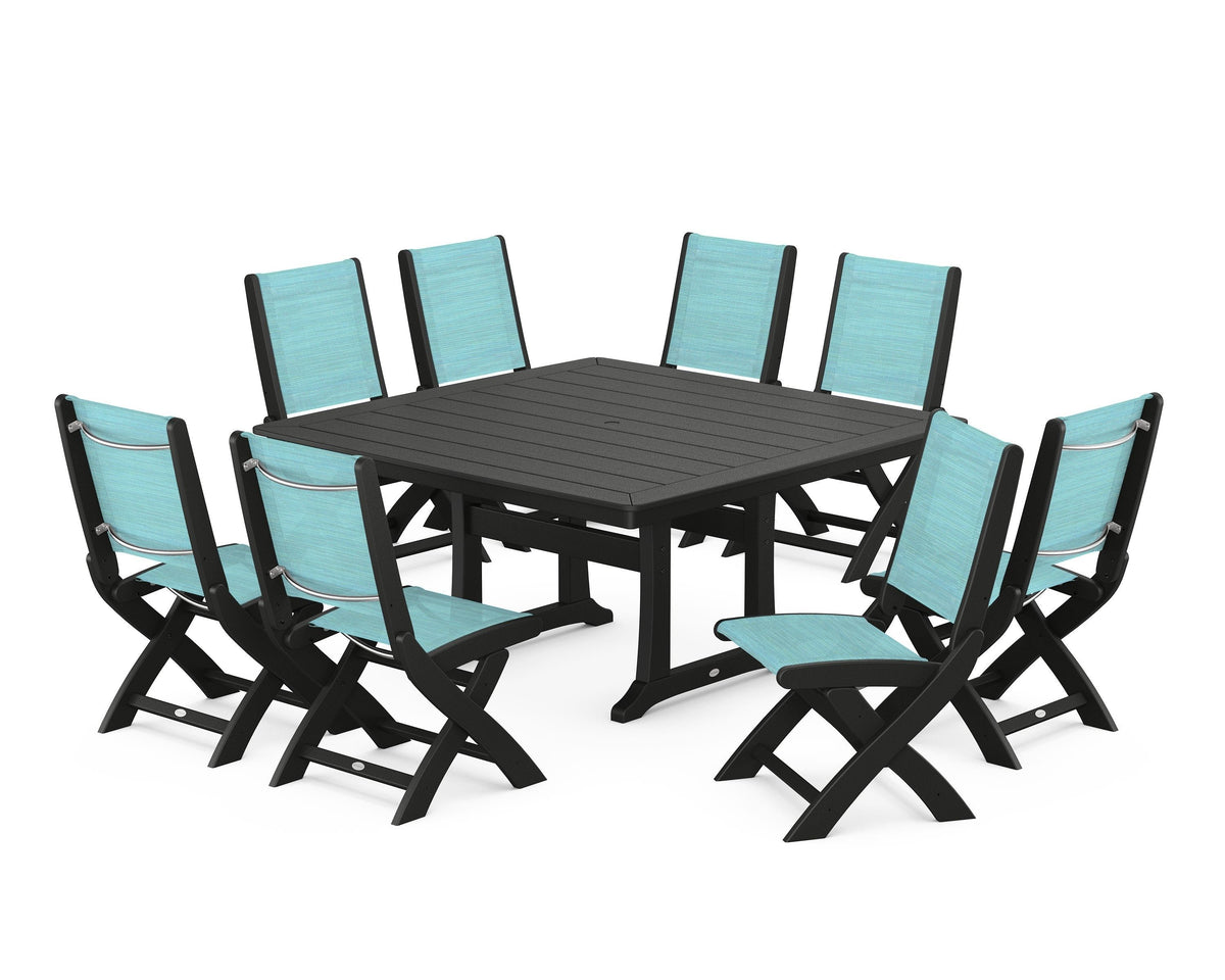 POLYWOOD Coastal Folding Side Chair 9-Piece Dining Set with Trestle Legs in Black / Dupioni Aquamarine