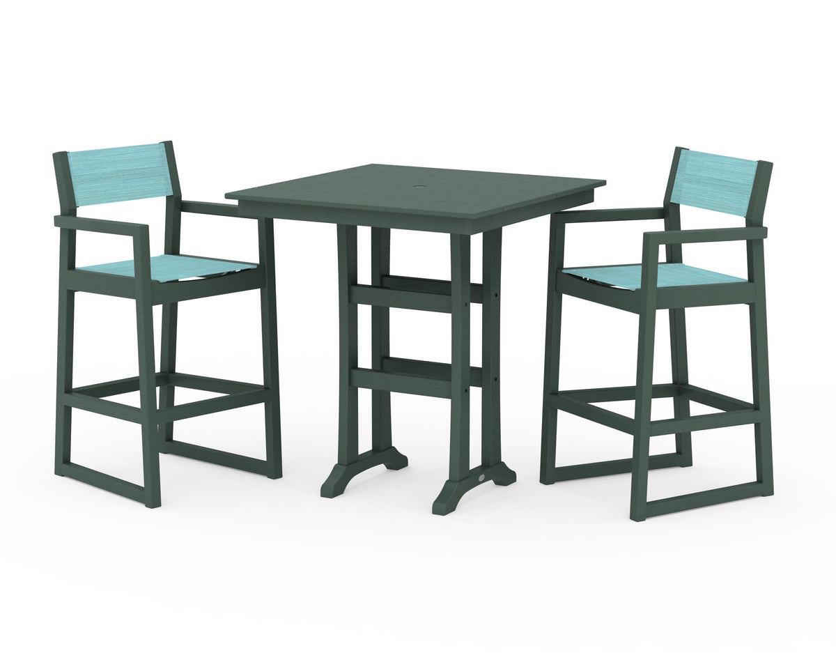 POLYWOOD EDGE Sling Arm Chair 3-Piece Farmhouse Bar Set with Trestle Legs in Green / Dupioni Aquamarine