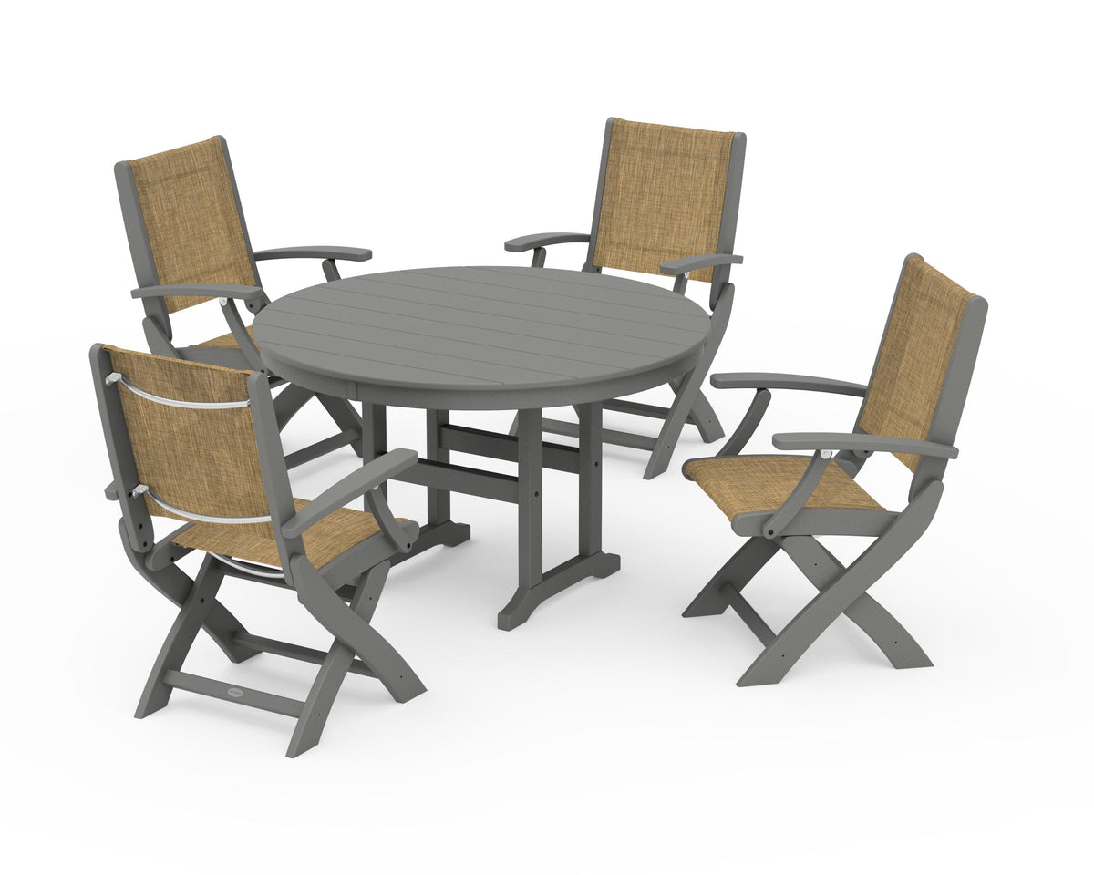 POLYWOOD Coastal Folding Chair 5-Piece Round Dining Set in Slate Grey / Burlap