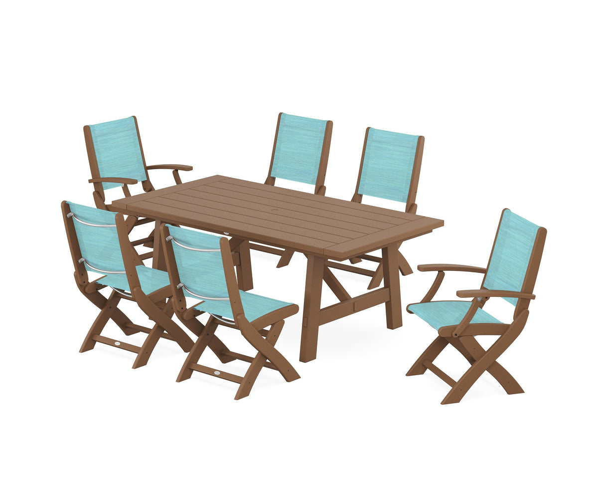 POLYWOOD Coastal Folding Chair 7-Piece Rustic Farmhouse Dining Set in Teak / Dupioni Aquamarine