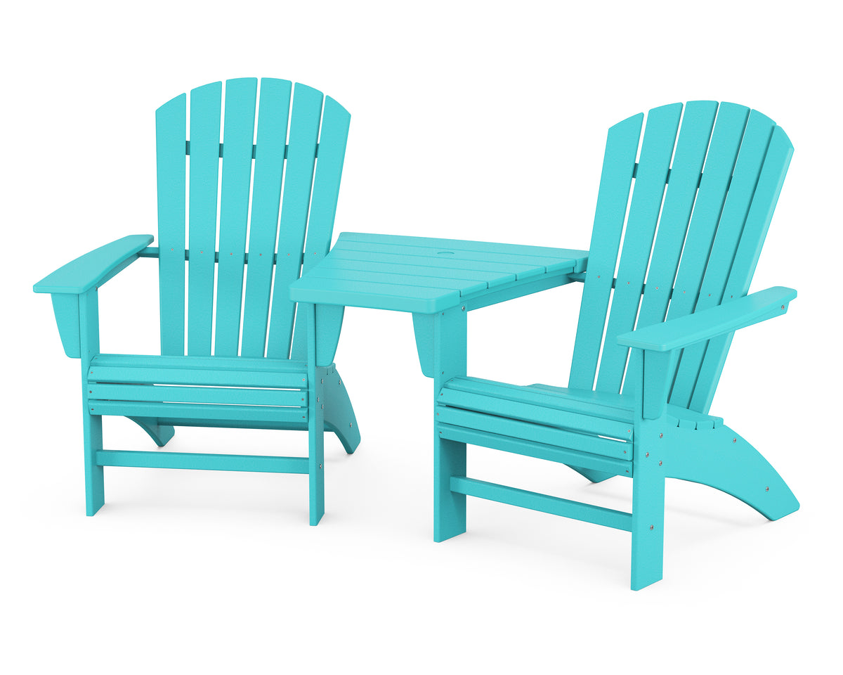 POLYWOOD Nautical 3-Piece Curveback Adirondack Set With Angled Connecting Table in Aruba