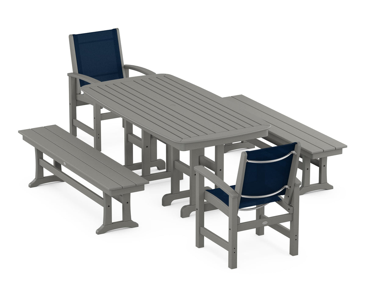 POLYWOOD Coastal 5-Piece Dining Set with Nautical 37" x 72" Dining Table in Slate Grey / Navy Blue