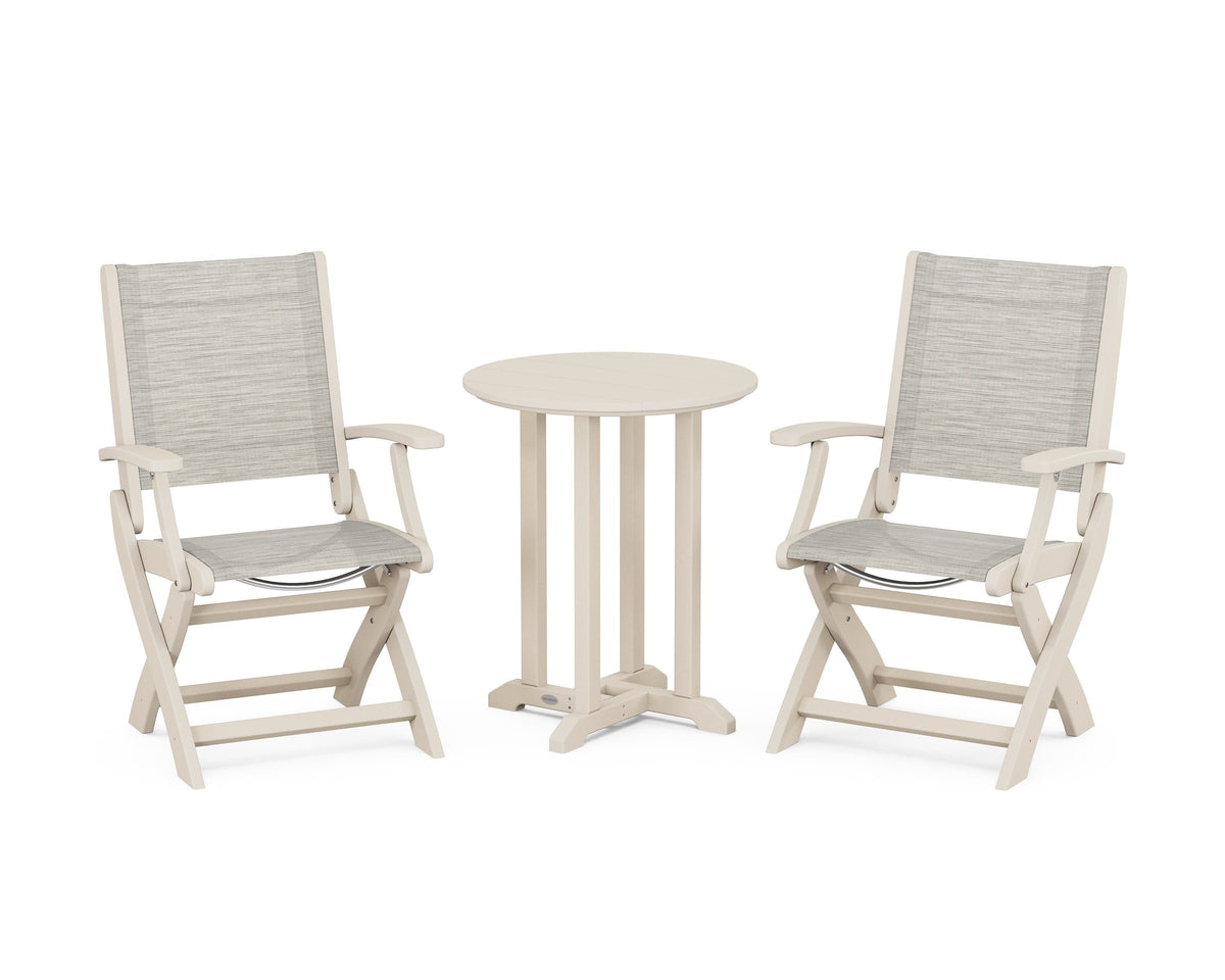 POLYWOOD Coastal Folding 3-Piece Round Bistro Dining Set in Sand / Birch