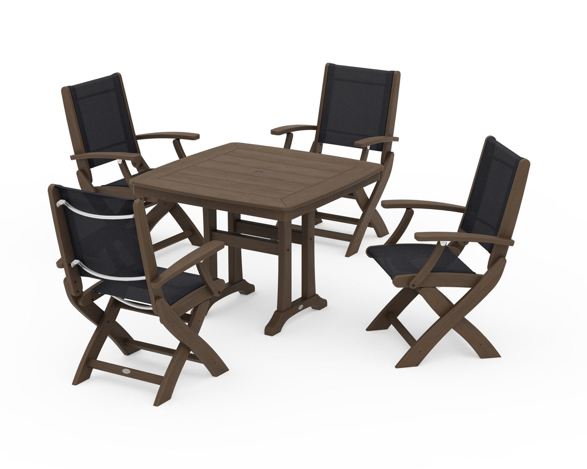 POLYWOOD Coastal Folding Chair 5-Piece Dining Set with Trestle Legs in Kona / Black