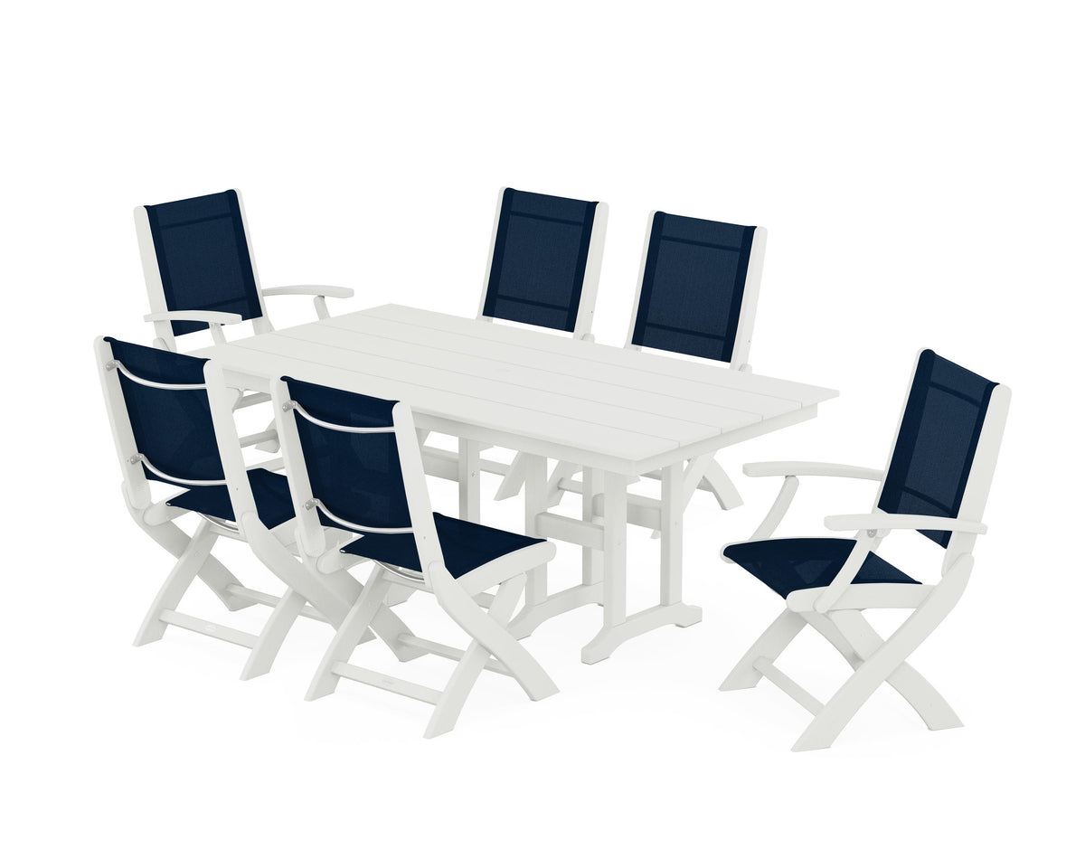POLYWOOD Coastal Folding Chair 7-Piece Farmhouse Dining Set in Vintage White / Navy Blue