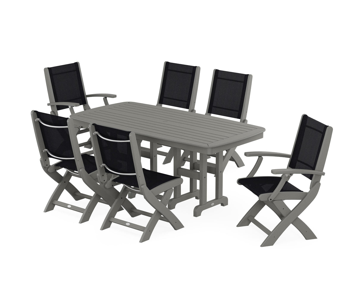 POLYWOOD Coastal Folding Chair 7-Piece Dining Set in Slate Grey / Black