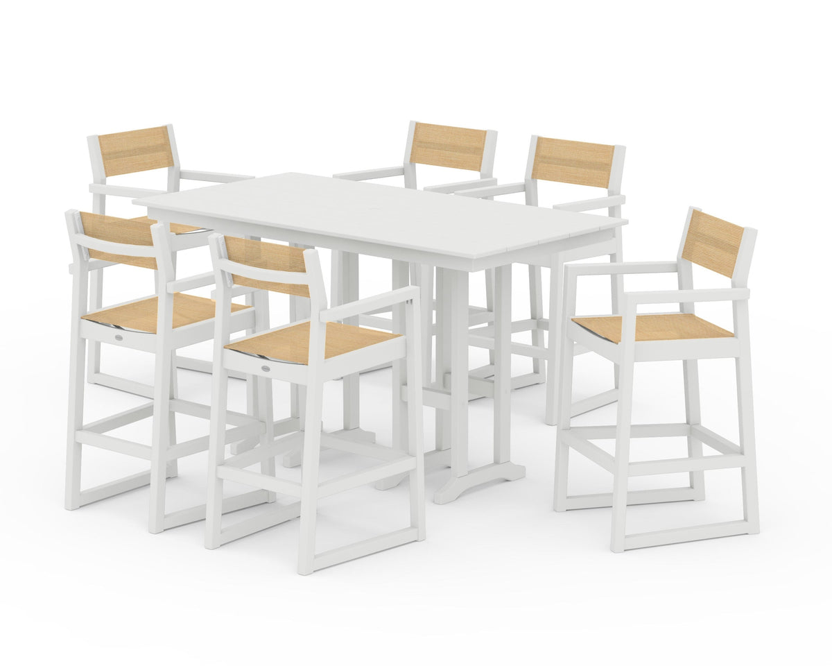 POLYWOOD EDGE Sling Arm Chair 7-Piece Farmhouse Bar Set in Vintage White / Dupioni Apricot