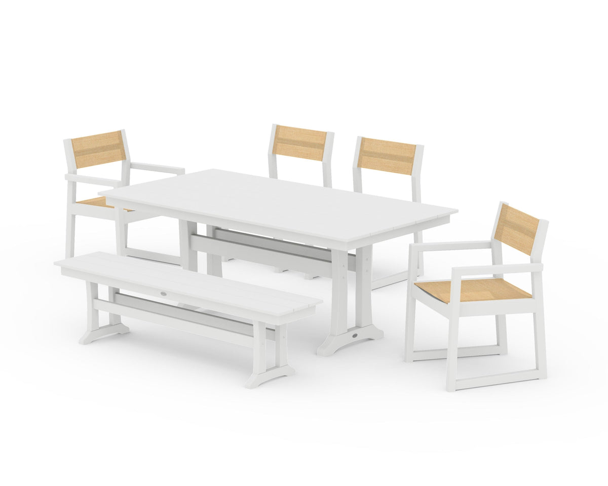POLYWOOD EDGE Sling 6-Piece Farmhouse Dining Set With Trestle Legs in White / Dupioni Apricot