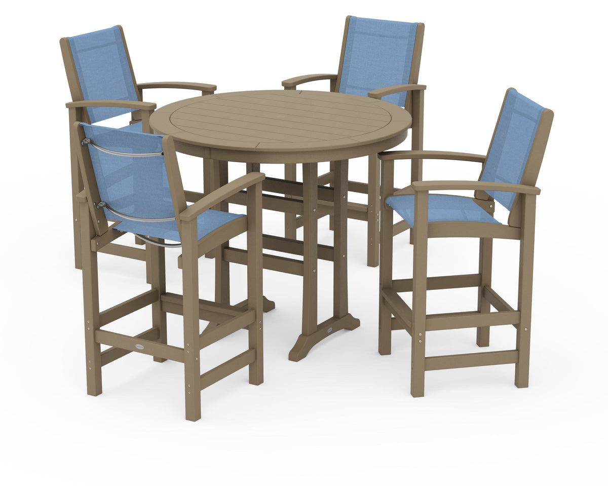 POLYWOOD Coastal 5-Piece Nautical Trestle Bar Set in Vintage Sahara / Poolside