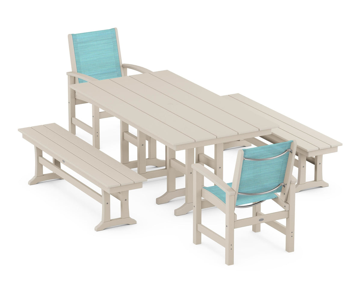 POLYWOOD Coastal 5-Piece Farmhouse Dining Set with Farmhouse 37" x 72" Dining Table in Sand / Dupioni Aquamarine