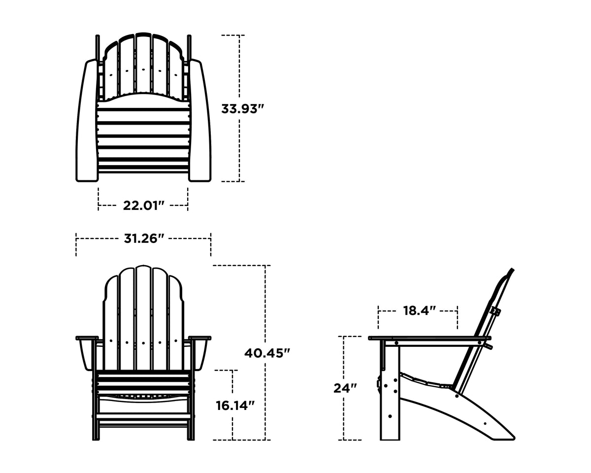 POLYWOOD Vineyard Curveback Adirondack Chair dimension drawing with width, depth and height measurements