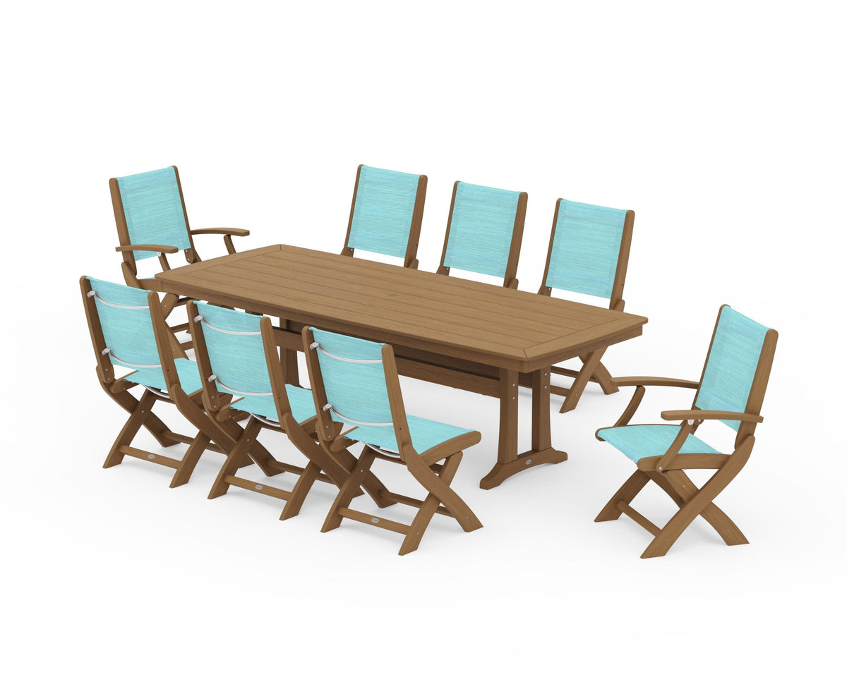 POLYWOOD Coastal Folding 9-Piece Dining Set with Trestle Legs in Natural / Dupioni Aquamarine