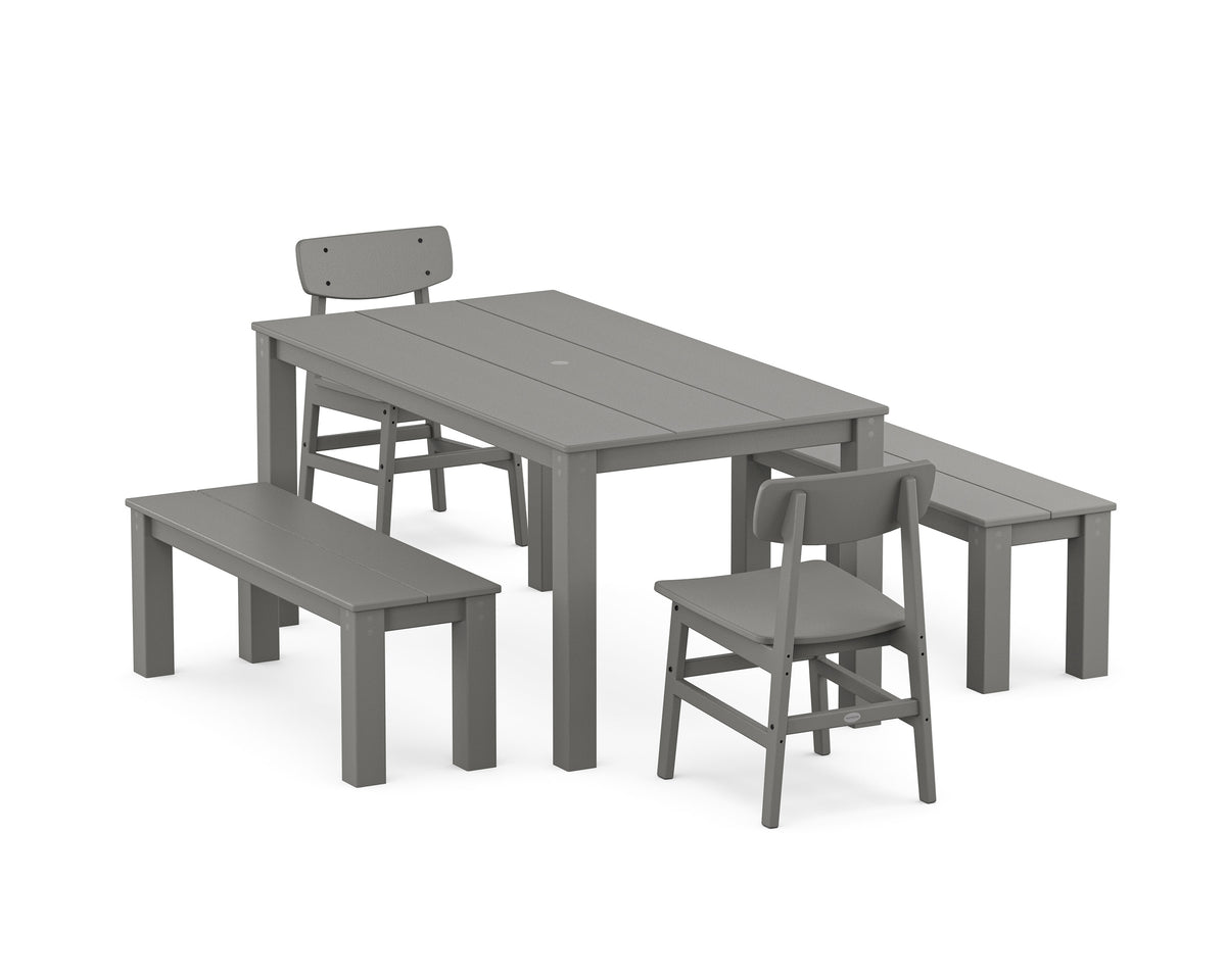 POLYWOOD Modern Studio Urban Chair 5-Piece Parsons Dining Set with Benches - 34" x 64" Table in Slate Grey