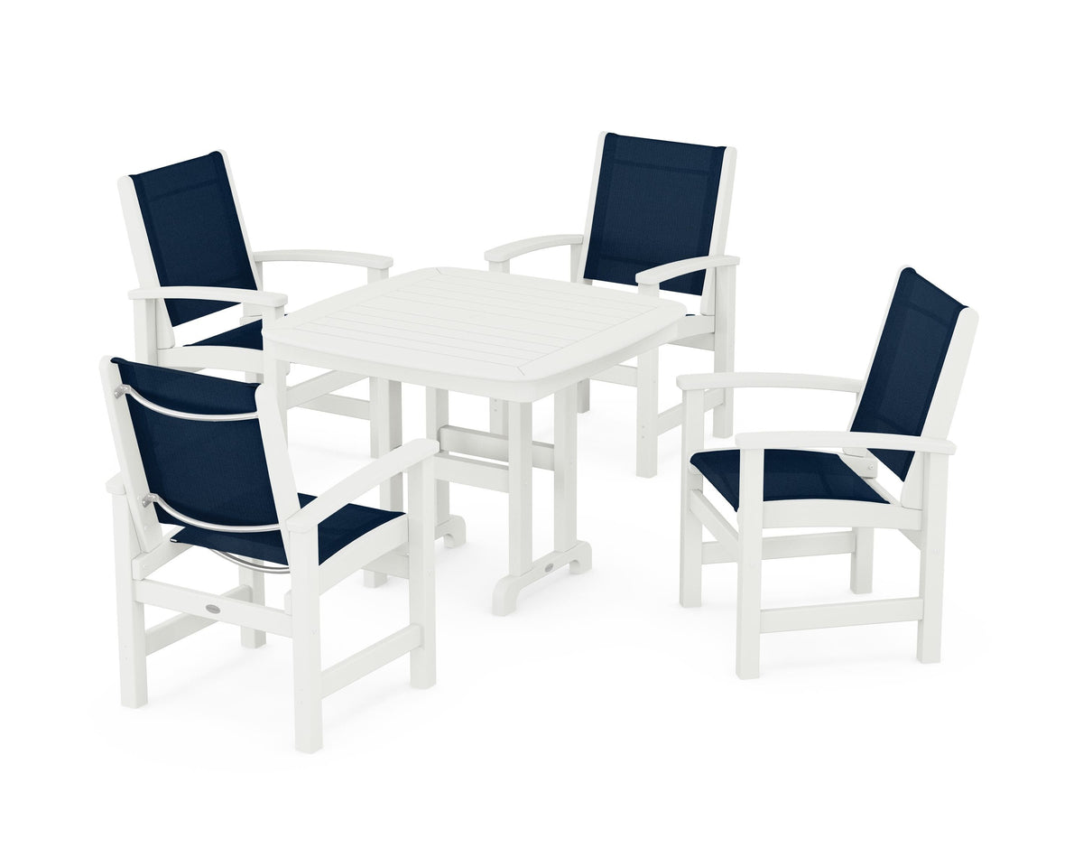 POLYWOOD Coastal 5-Piece Dining Set with Nautical 37" Dining Table in Vintage White / Navy Blue