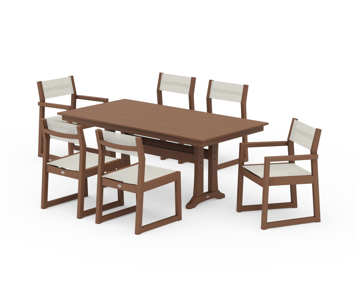 POLYWOOD EDGE Sling 7-Piece Farmhouse Trestle Dining Set in Teak / Parchment