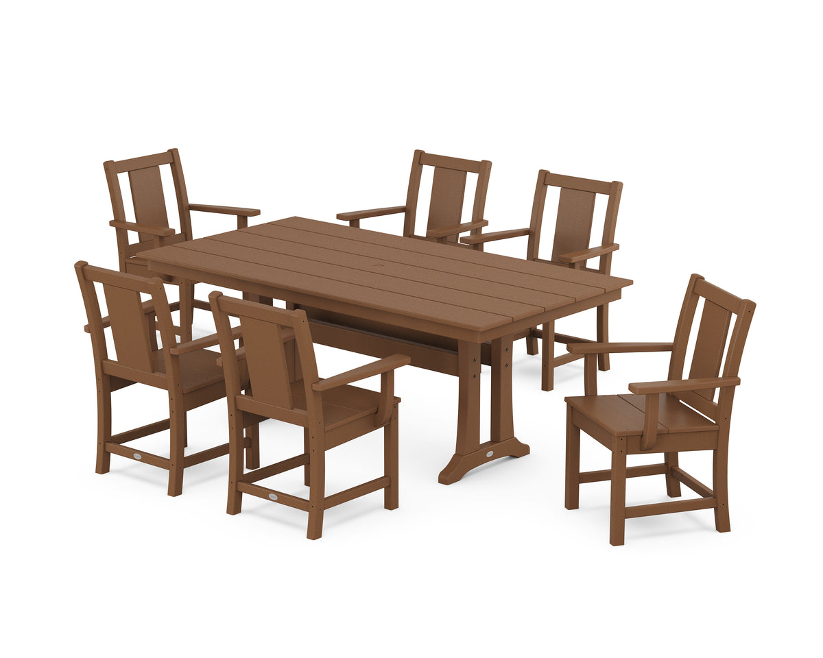 POLYWOOD Prairie Arm Chair 7-Piece Farmhouse Dining Set with Trestle Legs in Teak