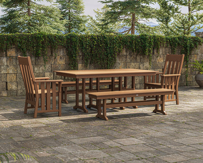 Lifestyle photo of the POLYWOOD Acadia 5-Piece Farmhouse Dining Set with Benches in Teak